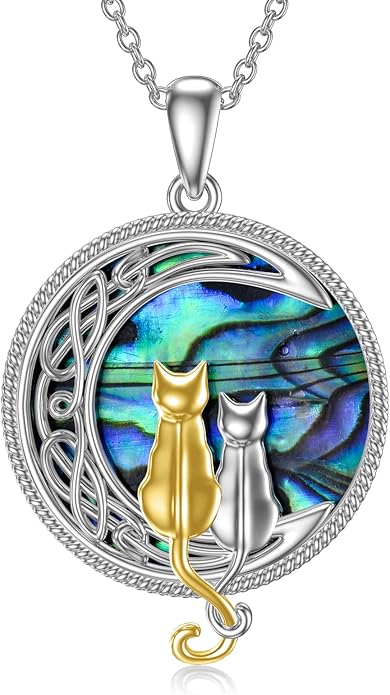 TOUPOP Cat Necklace Sterling Silver Abalone Shell Celtic Cat on the Moon with Abalone Shell Birthday Christmas Jewelry Gifts for Women
