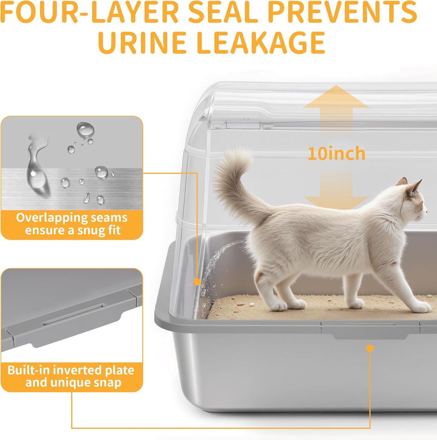 Stainless Steel Litter Box with Lid, XL Extra Large Cat Litter Box, Enclosed Metal Litter Pan with High Sided Enclosure & Scoop, Anti Leakage, Easy to Clean, Odor Control(Grey)