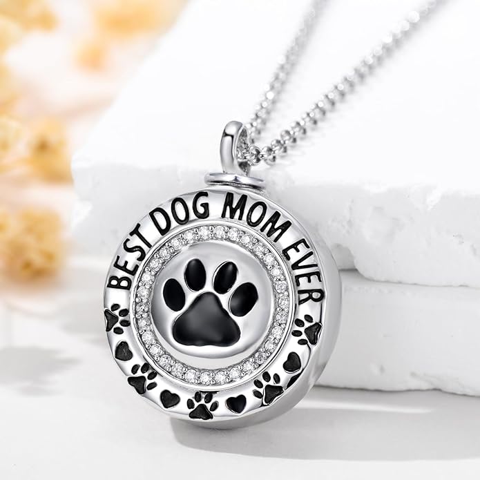 Pet Ashes Necklace 925 Sterling Silver Dog/Cat Urn Necklaces for Ashes Paw Print Pendant Pet Cremation Keepsake Memorial Jewelry for Women