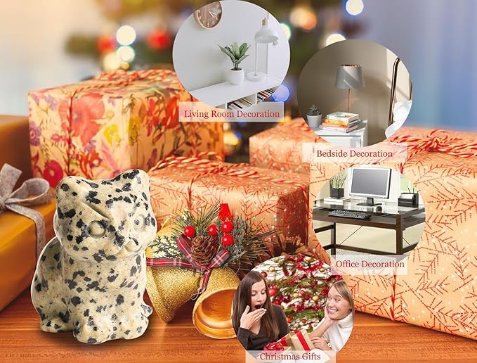 DUQGUHO Dalmatian Jasper Cat Gifts Decor Cat Crystals Figurines Gifts for Women Lucky Cute Cat Statue Room Desk Decor for Women Men 1PC