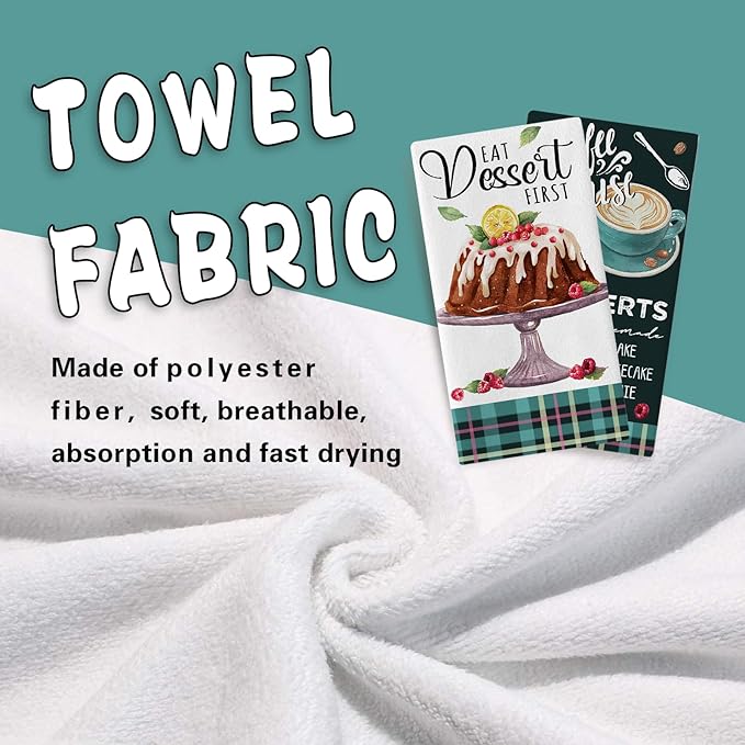 Eat Dessert First Kitchen Dish Towels Set of 2, Coffee House Drying Hand Towels Cupcake Cheesecake Brownie Baking Cooking Cloth, Plaid Farmhouse Home Kitchen Decoration 18 x 26 Inch