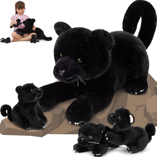 MorisMos Black Plush Panther Stuffed Animal with Babies,18'' Big Mama and Baby Stuffed Panther Toys for Kids Girls Boys, 4 Packs Black Jaguar Animals, Cute Leopard Toys for Kids