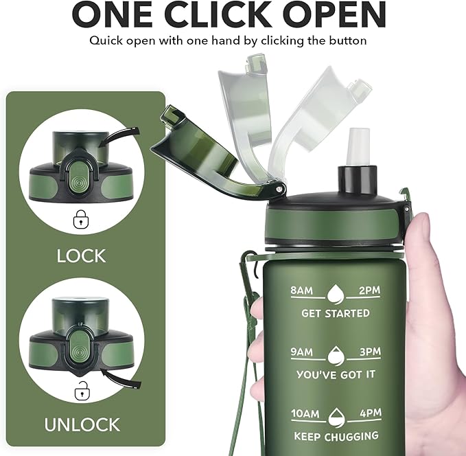 Enerbone Water Bottle, Leakproof BPA & Toxic Free, Motivational Water Bottle with Times to Drink and Straw, Fitness Sports Water Bottle with Strap for Office, Gym, Outdoor Sports