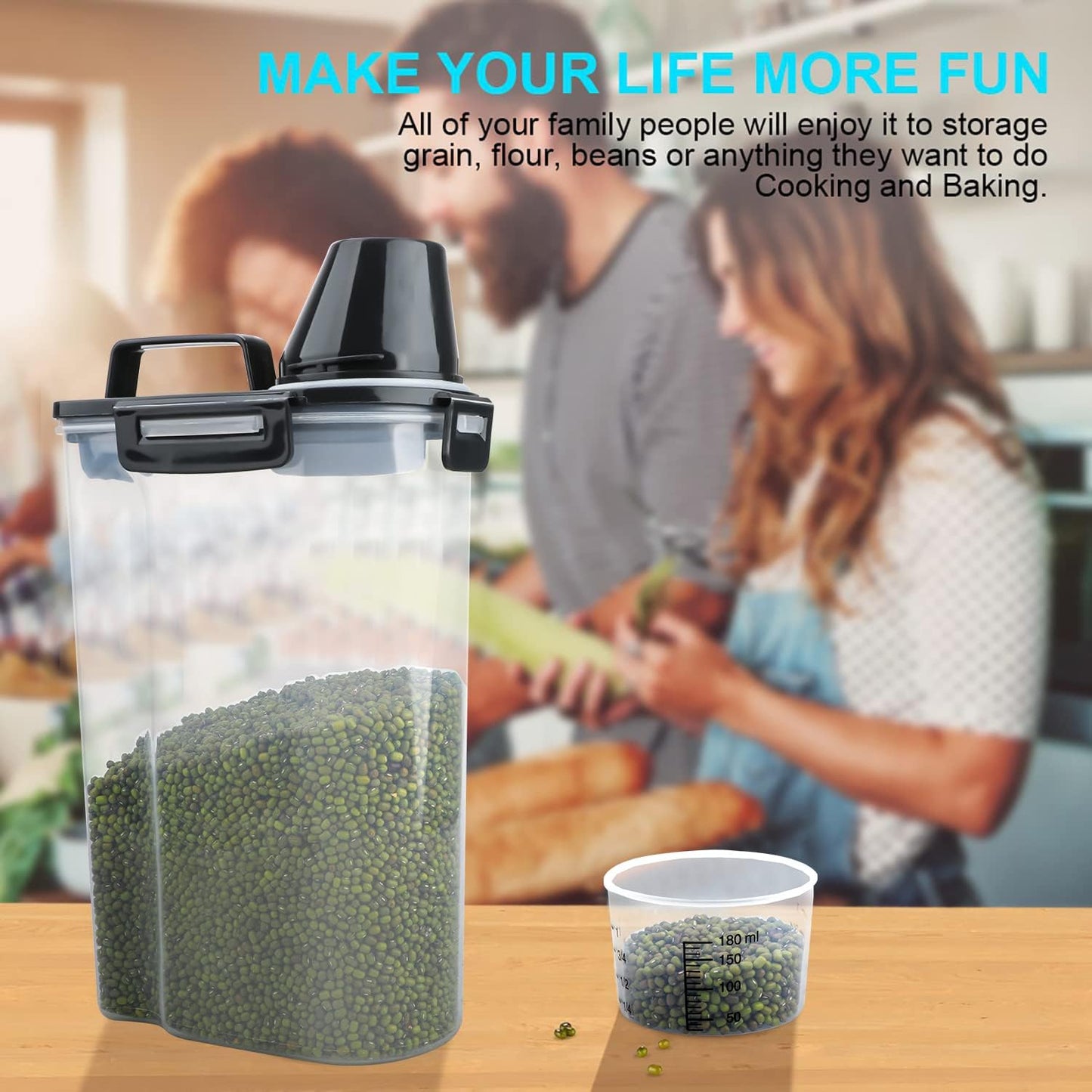 Rice Airtight Dry Food Storage Containers, BPA Free Plastic Storage Bin Dispenser with Pourable Spout, Measuring cup for Cereal, Flour and Baking Supplies, Include a Stainless Steel Whisk