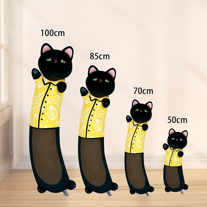Long Cat Plush Body Pillow - Soft Plush Kitty-Shaped Cushion for Kids and Lovers (Black, 28")