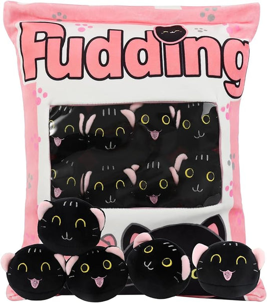 Plush Black Cat Pillow, 8 Cute Removable Stuffed Animals, Kids Sofa Chair Decorative Gift (Pink)