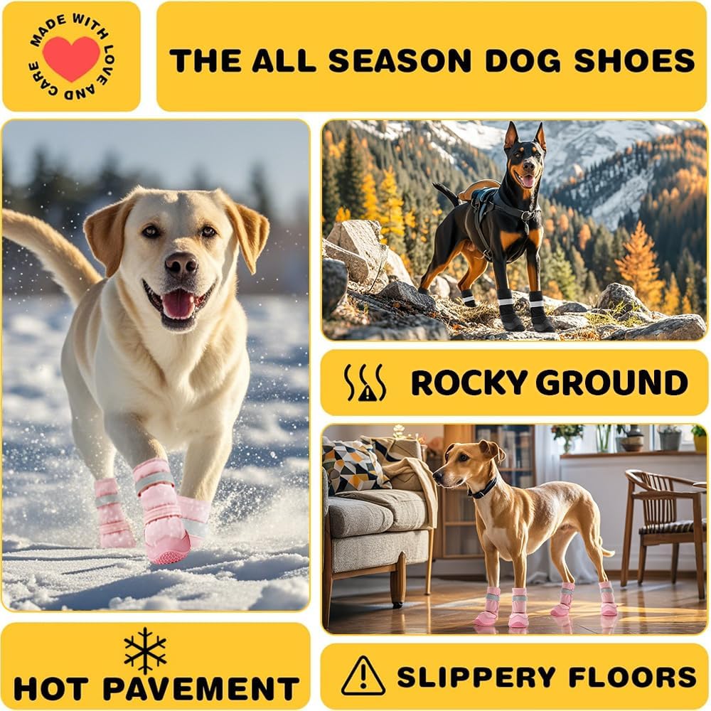 Hcpet Dog Shoes, Dog Boots & Paw Protectors for Winter Snowy Days, Rainy Weather, Outdoor Anti-Slip Sole Dog Booties for Hardwood Floor Pink-Leg 8