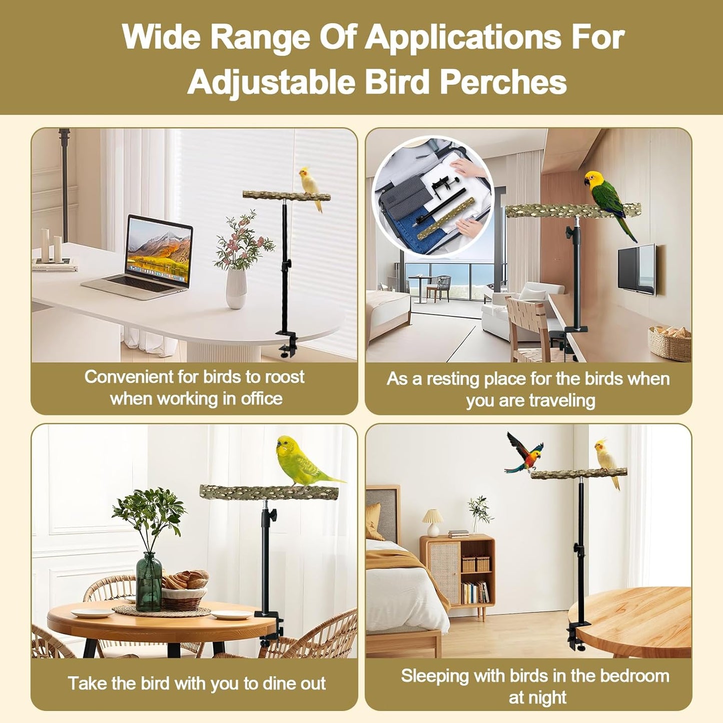 13-23 Inch Height Adjustable Desktop Bird Perch Pepper Wood Bird Training Perch Stand Parakeet Perches Indoor and Outdoor Parrot Stands for Small to Medium Bird