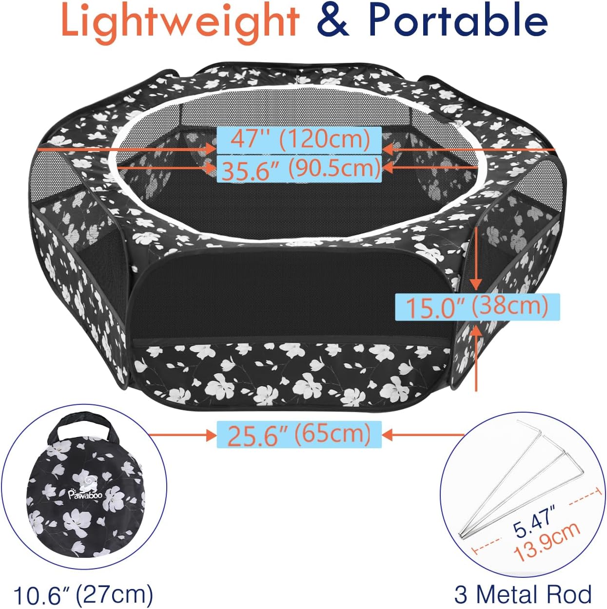 Pawaboo Small Animals Playpen, Waterproof Small Pet Cage Tent with Zippered Cover, Portable Outdoor Yard Fence with 3 Metal Rod for Chick/Kitten/Puppy/Guinea Pig/Rabbits/Hamster/Chinchillas, Magnolia