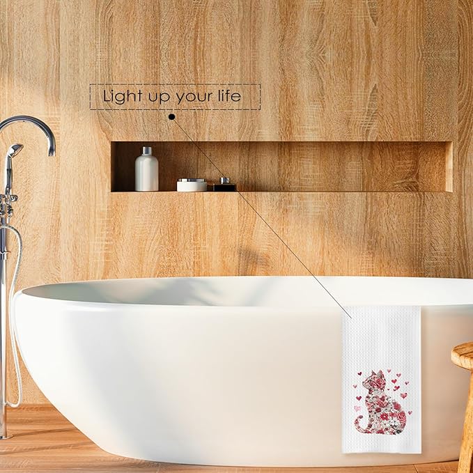 Floral Cat Kitchen Towels, Cat Lovers Gifts Hand Towels for Bathroom, Kitchen Bathroom Decor, 16x24 Inch