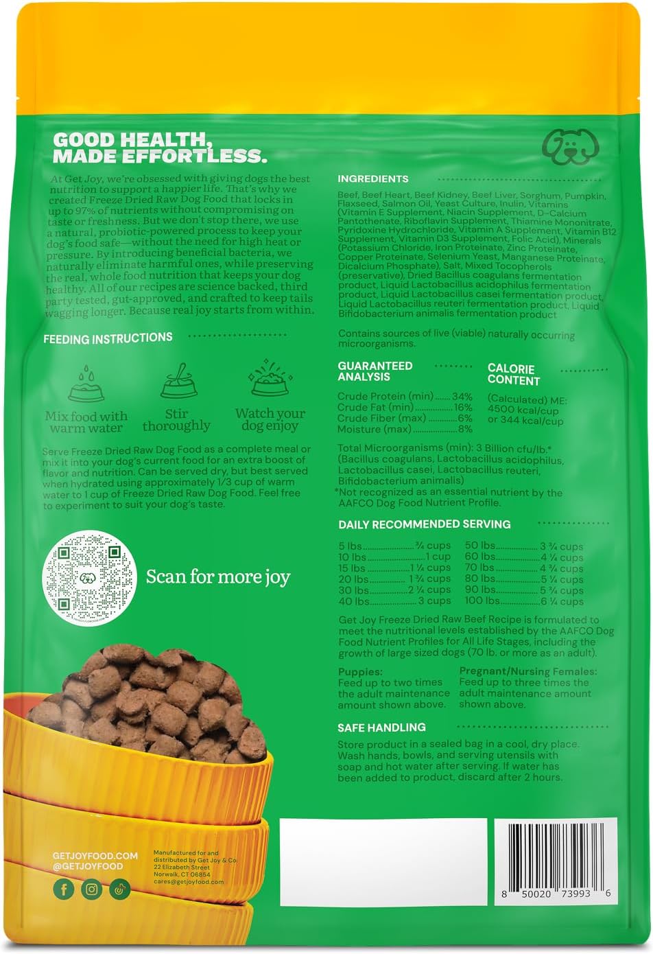 Get Joy Gut Health Fresh Freeze Dried Raw Meal, Beef Recipe, 32 Ounce Bag, Dog Food for Dogs of All Breeds and Life Stages, PhD Animal Nutritionist Formulated, USDA Beef, Made in USA