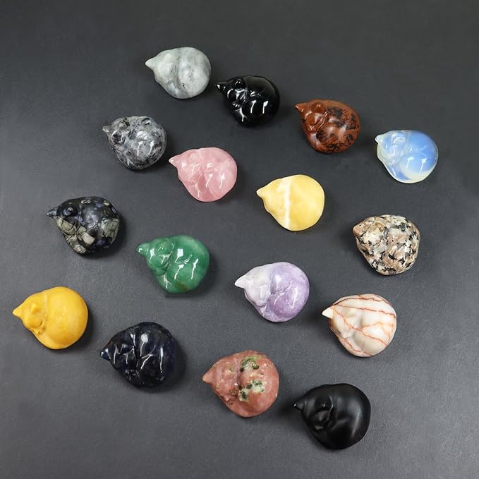 Crystal Cat Figurine, Mix 6PCS Sleeping Kitty Cat Collectibles Lucky Cat Statues, Stone Carving Cat, Black Obsidian Polished Crystal Cat Decoration Animal Figurines 1.5"