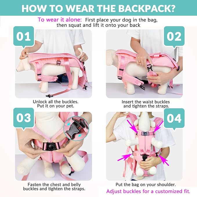 Lukovee Dog Backpack Carrier, Legs Out Easy-fit Dog Front Carrier for Small Medium Dogs, Adjustable Hands Free Dog Chest Carrier for Hiking Cycling (PI,L)