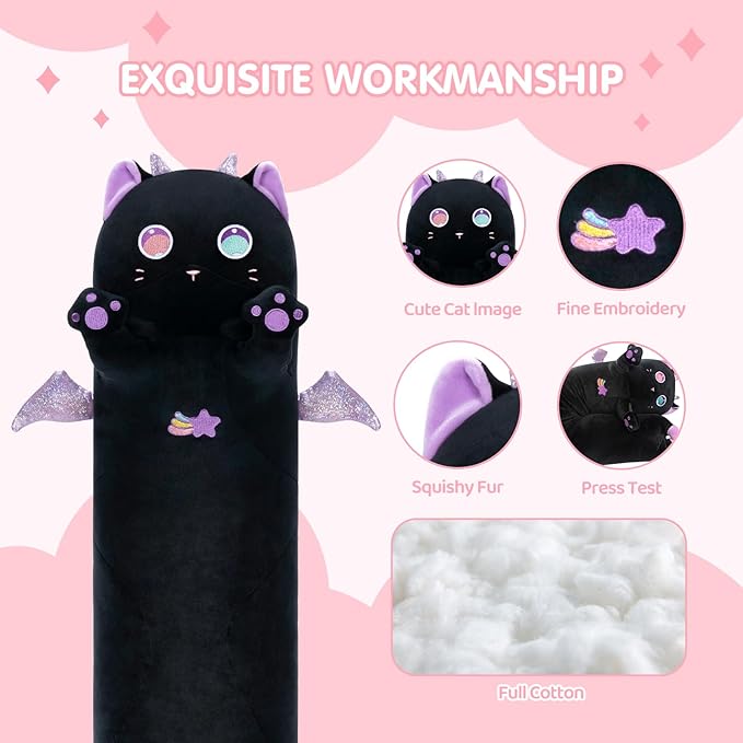 Long Cat Plush Body Pillow, 28” Cute Black Cat Stuffed Animals Soft Plushies, Kawaii Squishy Throw Pillow Doll Toy Gift for Kids Girls Boys