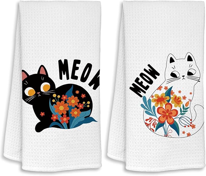 Cute Cat Kitchen Dish Towels Set of 2 Black and White Cat Kitchen Accessories Cat Lover Gifts for Women Cute Boho Towels Decorative Set for Kitchen & Bathroom 16×24 Inch