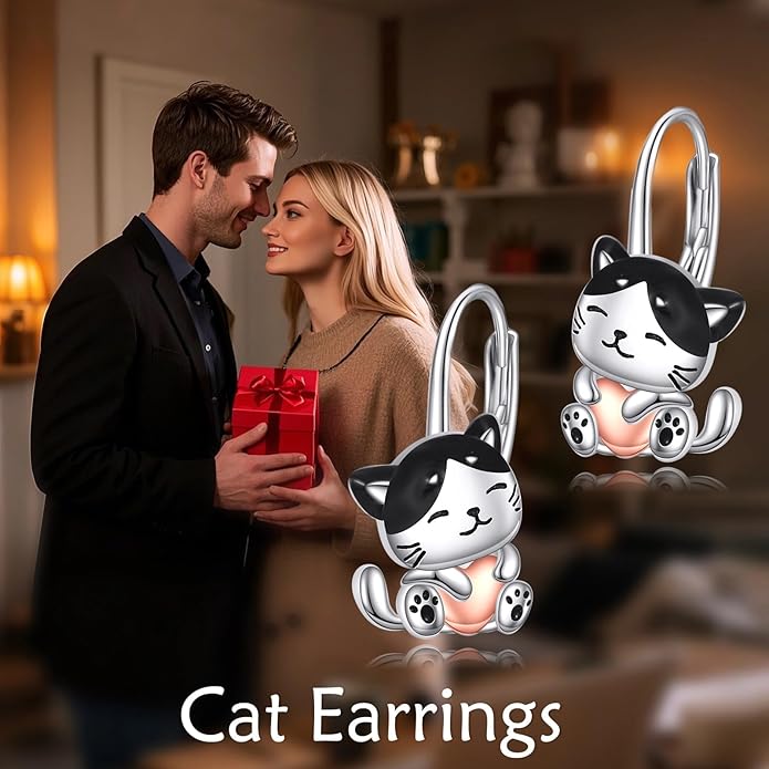 Cat Gifts Earrings Sterling Silver Cute Small Animal Cats Dangle Leverback Jewelry Gifts for women cat Lovers