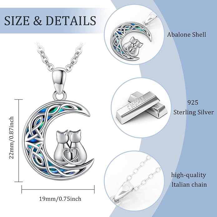 Odinstone Cat Necklace, S925 Sterling Silver Cat on Moon Pendant with Cubic Zirconia, Cat Jewelry Mothers Day Gifts for Mum with Gift Package - I Love You Forever