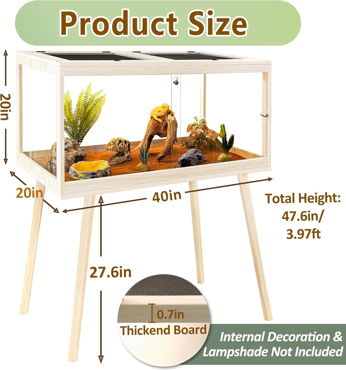 PROLEE Tempered Glass Reptile Enclosure with Leg,40“ Scratch-Proof Bearded Dragon Tank,62 Gallon Lizard Tank with Metal Mesh Tops and Lockable Door,Spacious Reptile Habitat for Snake,Lizard (Oak)
