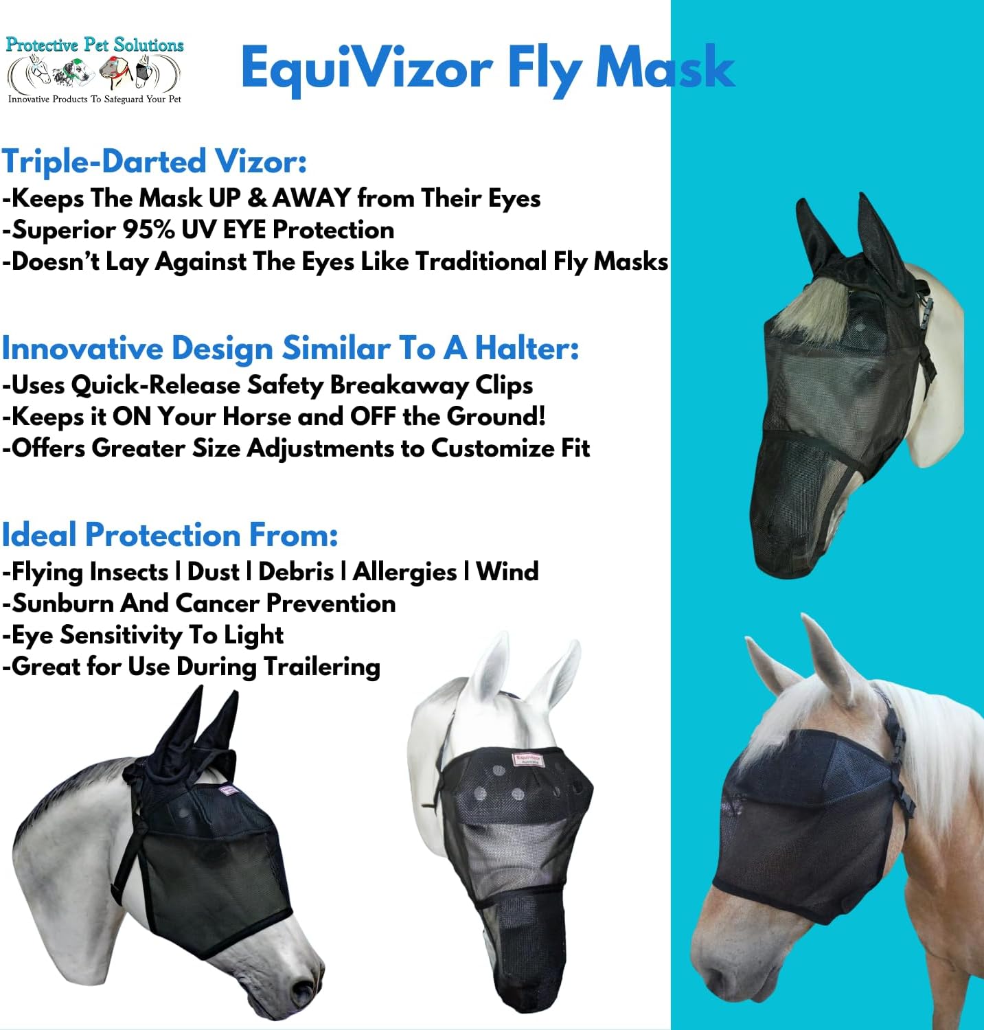 EquiVizor 95% UV Eye Protection (XL) Standard Horse Fly Mask - Help with Uveitis, Corneal Ulcer, Light Sensitivity. Designed to Stay On Your Horse.