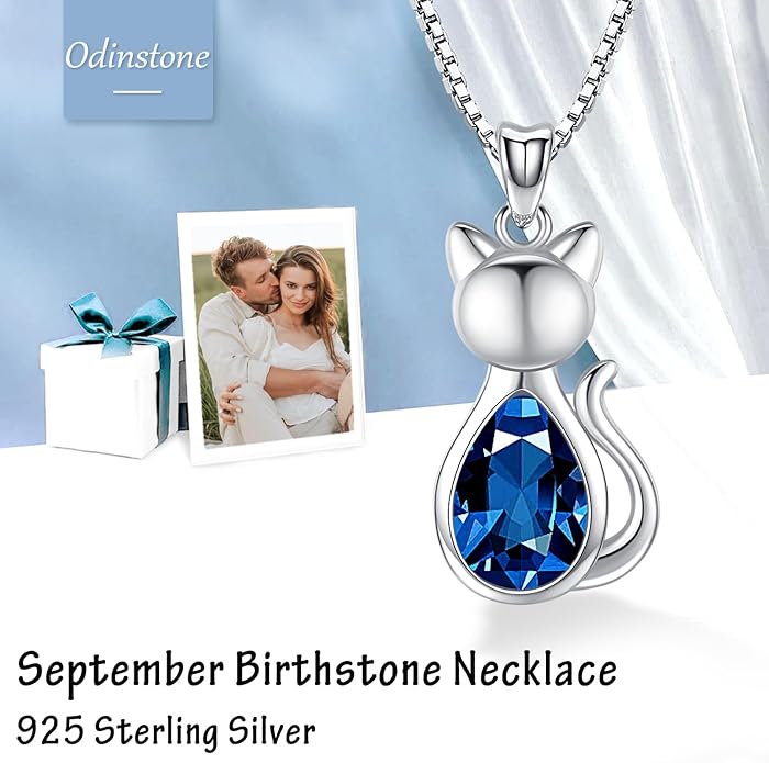 Odinstone Cat Birthstone Necklaces Jewelry Sterling Silver Cat Pendant Necklace Gift for Women Gifts, 18'' Silver Box Chain Women's Birthstone Crystal Cat Jewelry Gifts
