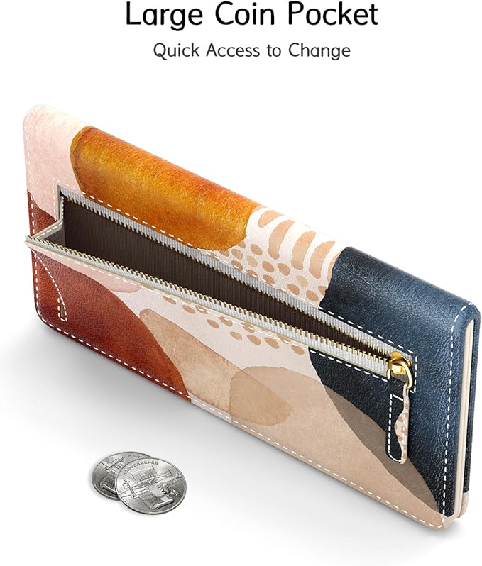 Nipichsha Womens Wallet, RFID Slim Wallets for Women, Thin Ladies Credit Card Holder Purse, Cute Leather Bifold Clutch Billfold with 11 Card Slots & ID Window, Simple Abstract Art