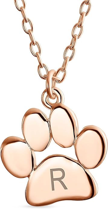 Personalized Initial Alphabet A-Z Dainty Dog Cat Pet Kitten Puppy Paw Print Pendant Necklace Animal Jewelry For Women Teen Polished Rose Yellow Gold Plated .925 Sterling Silver Customizable