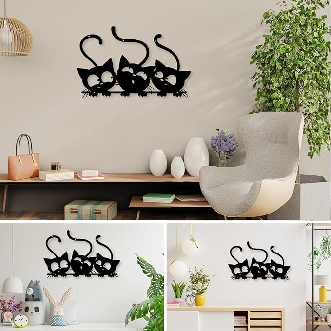 Three Black Cat Wall Art, Metal Cat Wall Decor, Black Cat Wall Sculpture for Cats Lover, Minimalist Room Living Room Patio Wall DéCor (Length: 24 Inches)