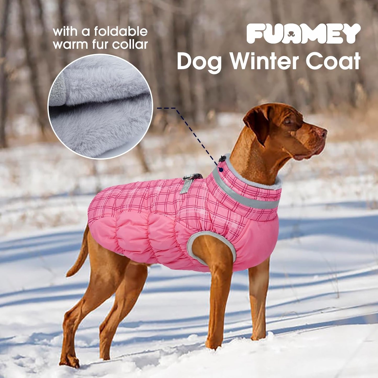 FUAMEY Dog Coat for Large Dogs,Waterproof Dog Winter Jacket with Harness Built in Puppy Cold Weather Coats Reflective Pet Vest with Zipper Warm Fleece Dogs Snowsuit Windproof Rose Plaid 2XL