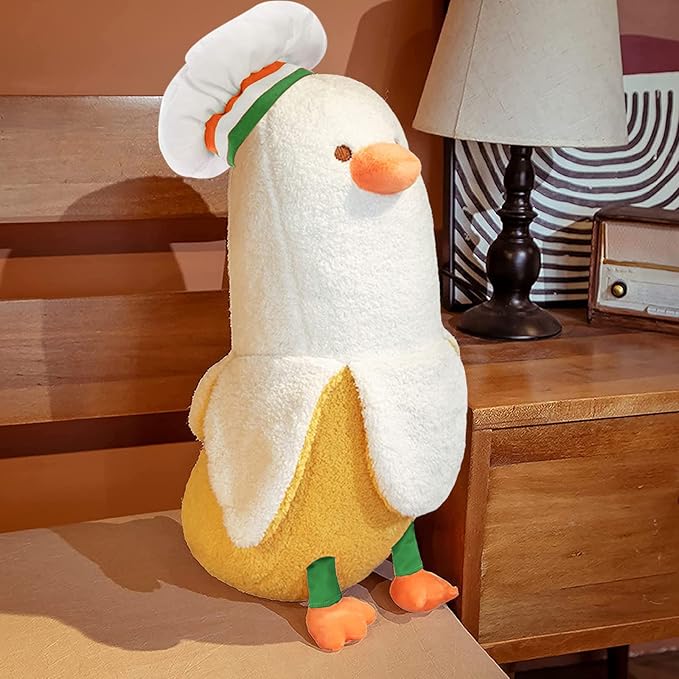 PEACH CAT Cute Banana Duck Stuffed Animal Long Banana Chef Duck Plush Pillow for Girls and Boys White 19.7"
