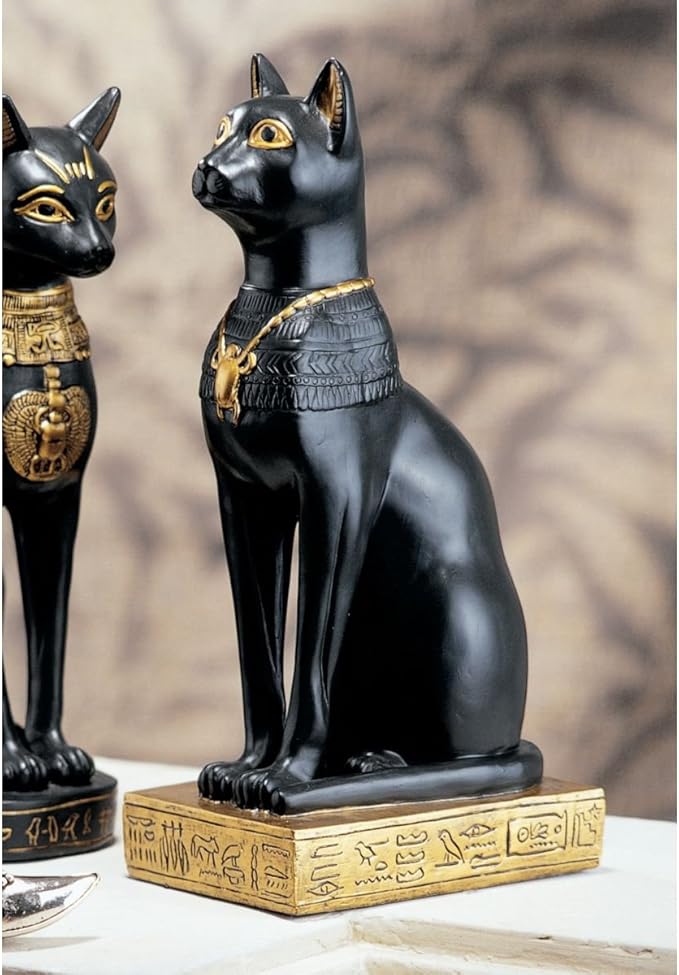 Design Toscano Egyptian Cat Diety Bastet Figurine Statue, 3 inches wide, 8 inches tall, Cast Stone Resin, Black & Gold Finish
