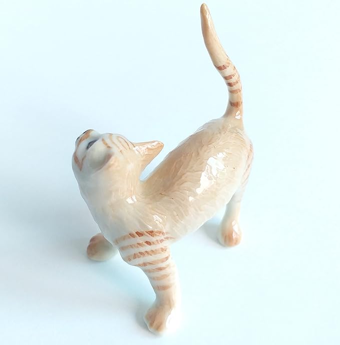 Cat Porcelain Figurine Ceramic Stretching Kitten Small Pet Kitty Collectible Miniature Dollhouse Hand Painted Animal Interested Feeling Gift Decor Calico Brown Tabby, 2.5 x 1 x 2 in (W-L-H)
