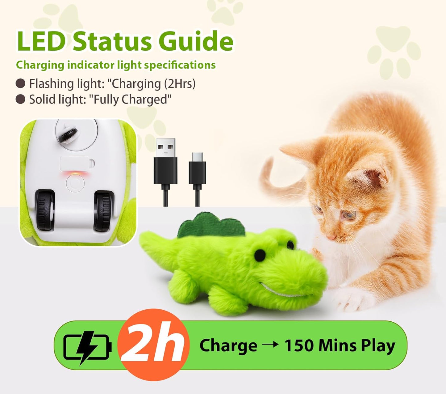 Interactive Cat Toys for Indoor Cats - Automatic Moving Cat Chase Toy for Bored Indoor Adult Cats - 360° Random Movement, Tail Wagging & Catnip Stimulation - Electric Croc(Long Plush)