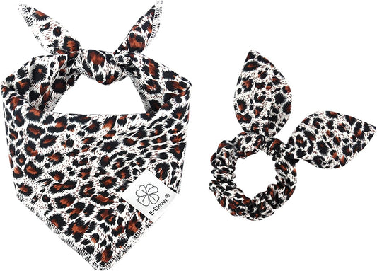 E-Clover Dog Bandanas & Matching Scrunchie Set Leopard Dog Bandana Bibs Washable Kerchief Scarf for Puppy Small Dogs & Owner