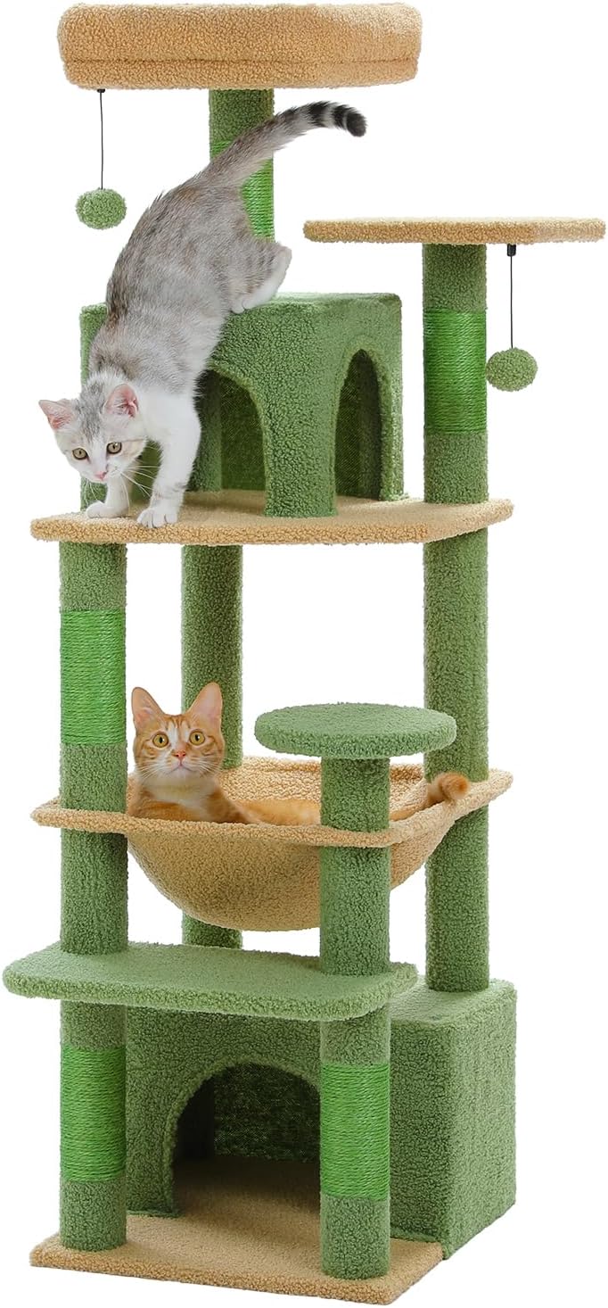 PAWZ Road Cat Tree, 53.5 Inches Tall Cat Tower with Spacious Hammocks, Condos and Scratching Posts, Cat House with Dual Padded Perches for Indoor Large Cats-Green