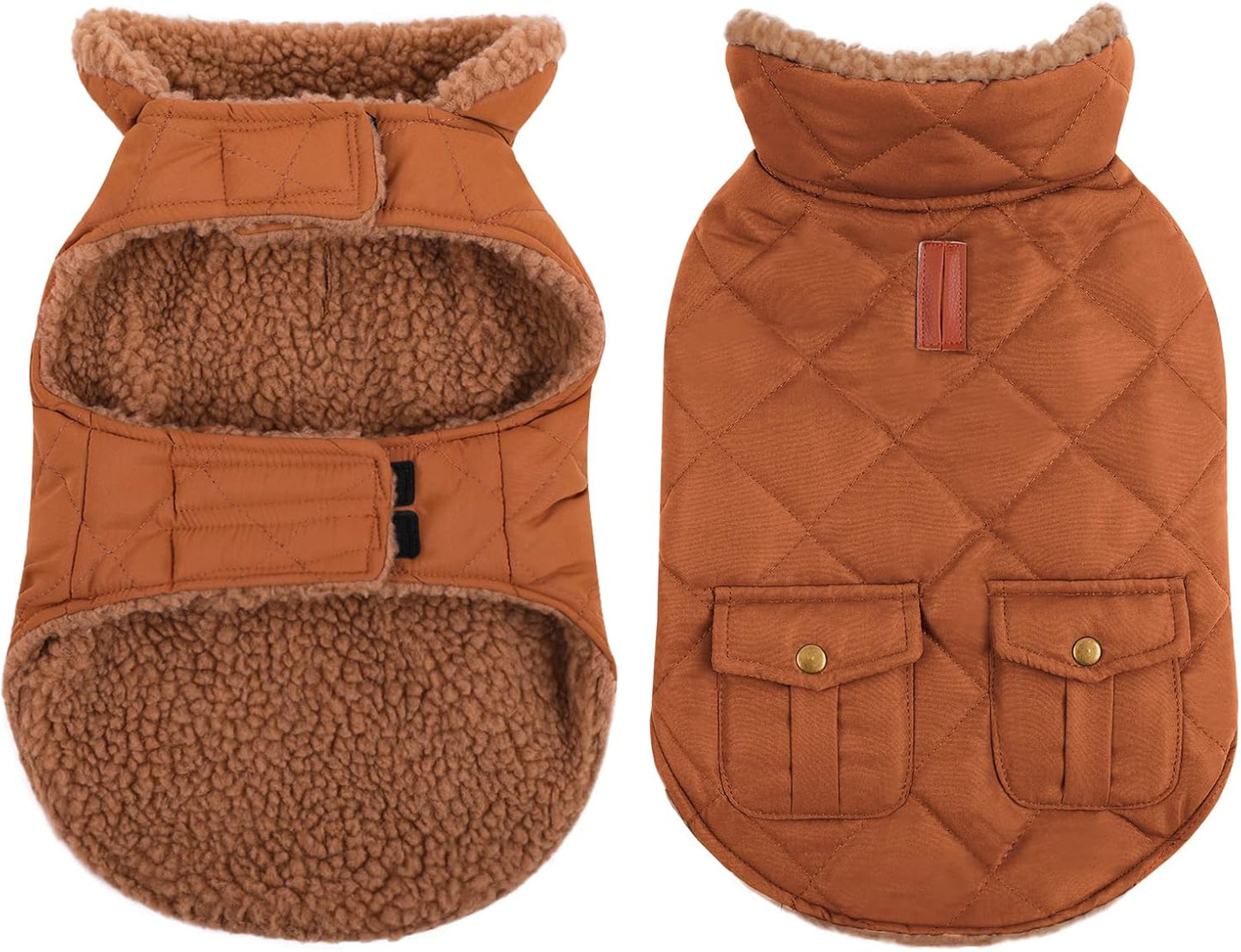 Queenmore Warm Dog Coat, Cold Weather Puffer Jacket with Ultra Thick Plush Lining and Storage Pockets (Brown, Large)