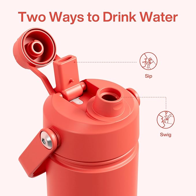 Kids Insualated Water Bottle with Straw - 12oz Stainless Steel Water Bottle with Dual Spouts, Leak-Proof, BPA-Free, Double Wall Vacuum Keeps Cold for 24 Hours for Sports, Travel, School (Tawny Orange)