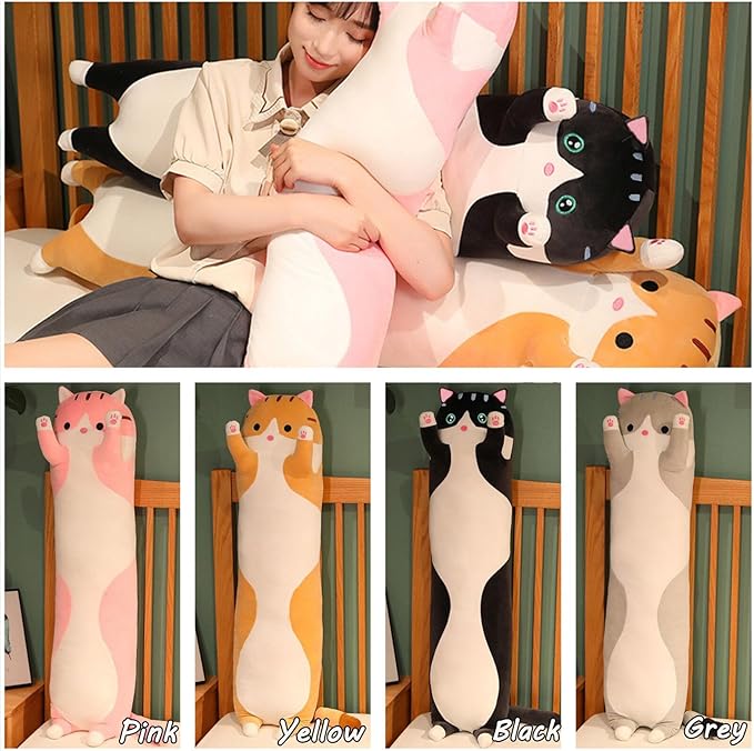 Long Cat Plush Pillow Soft Cat Hugging Pillow Stuffed Animal Pillow Cute Kitty Sleeping Throw Pillow Gift for Kids(110cm/43.30inch,Black