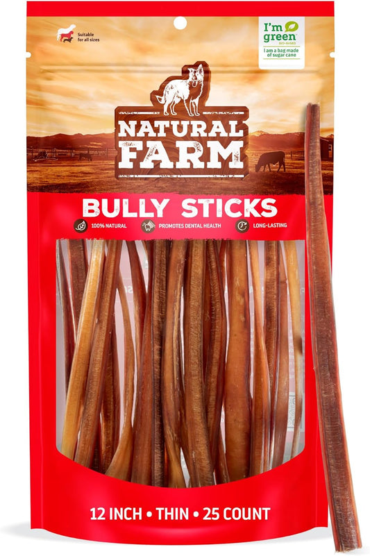 Natural Farm Odor-Free Thin Bully Sticks (12”, 25-Pack) All-Natural Long-Lasting Dog Chews, 100% Beef Pizzle, Grass-Fed, Grain-Free, Protein for Muscle Development & Energy, Perfect for Large Dogs
