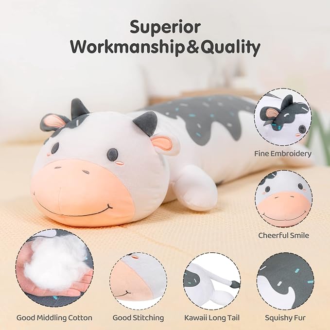 Cow Plush Body Pillow, 25" Kawaii Milk Cow Stuffed Animals Squishy Cute Long Plushies Cuddle Pillow for Kids, Birthday Gifts for Women, Girls and Males