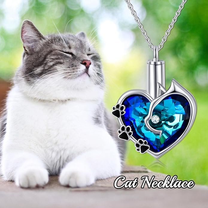 Cat Urn Necklace for Ashes 925 Sterling Silver Cremation Keepsake Memorial Jewelry for Ashes with Blue/Deep Purple Heart Crystal from Austria Keepsakes Memorial Necklaces Meaningful Gifts