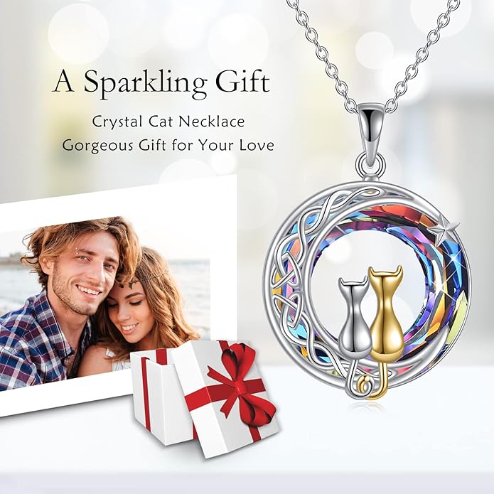 925 Sterling Silver Moon Black Cat Necklace for Women - Tree of Life Jewelry with Abalone Stone - Cat Lover Birthday Gift
