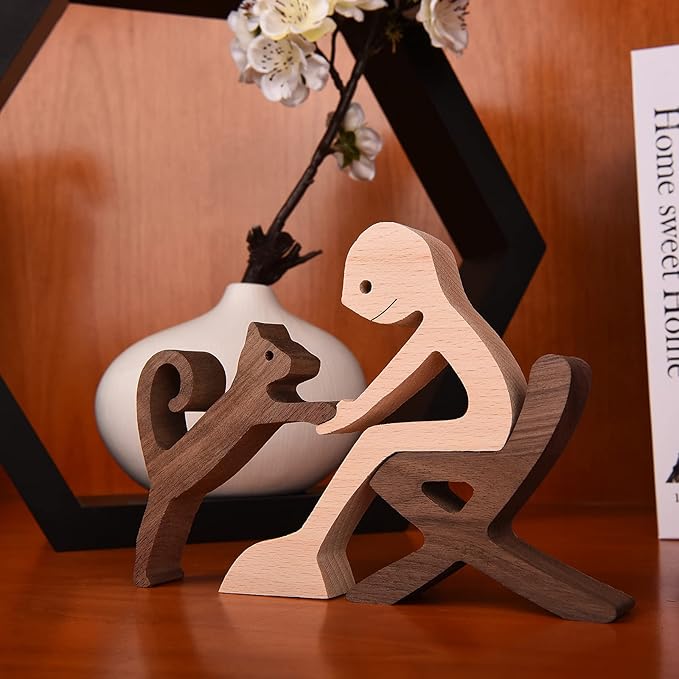 ISHINE Wooden Men and Cat Sculpture, Handmade Animal Figurines, Wood Decor Collectible Figurine for Home Office Natural ECO Friendly