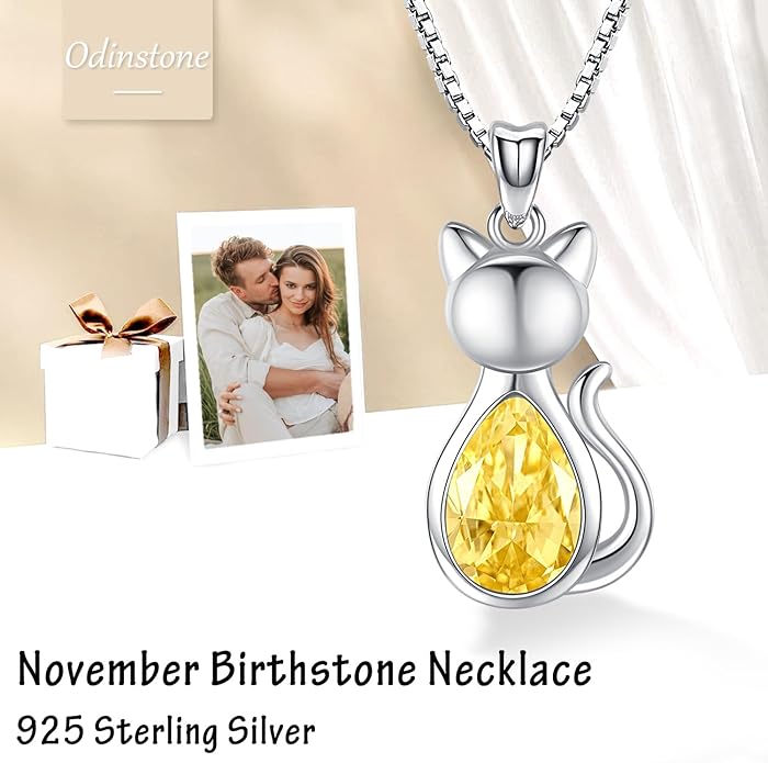Odinstone Cat Birthstone Necklaces Jewelry Sterling Silver Cat Pendant Necklace Gift for Women Gifts, 18'' Silver Box Chain Women's Birthstone Crystal Cat Jewelry Gifts