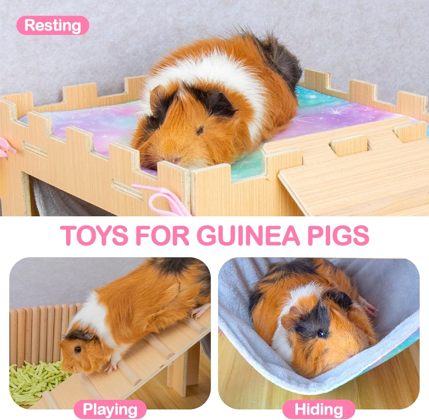 Guinea Pig Hammock with Platform and Ramps,Wooden Small Animal Hideout with Waterproof Coating Mat Hammock,Guinea Pig Cages Accessories Toys Hiding Playing,Easy to Clean(Double)