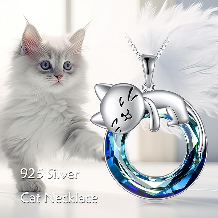 Cat Necklace Sterling Silver Cat Pendnat with Rose Quartz Pearl Jewelry Gifts for Women Cat Lovers