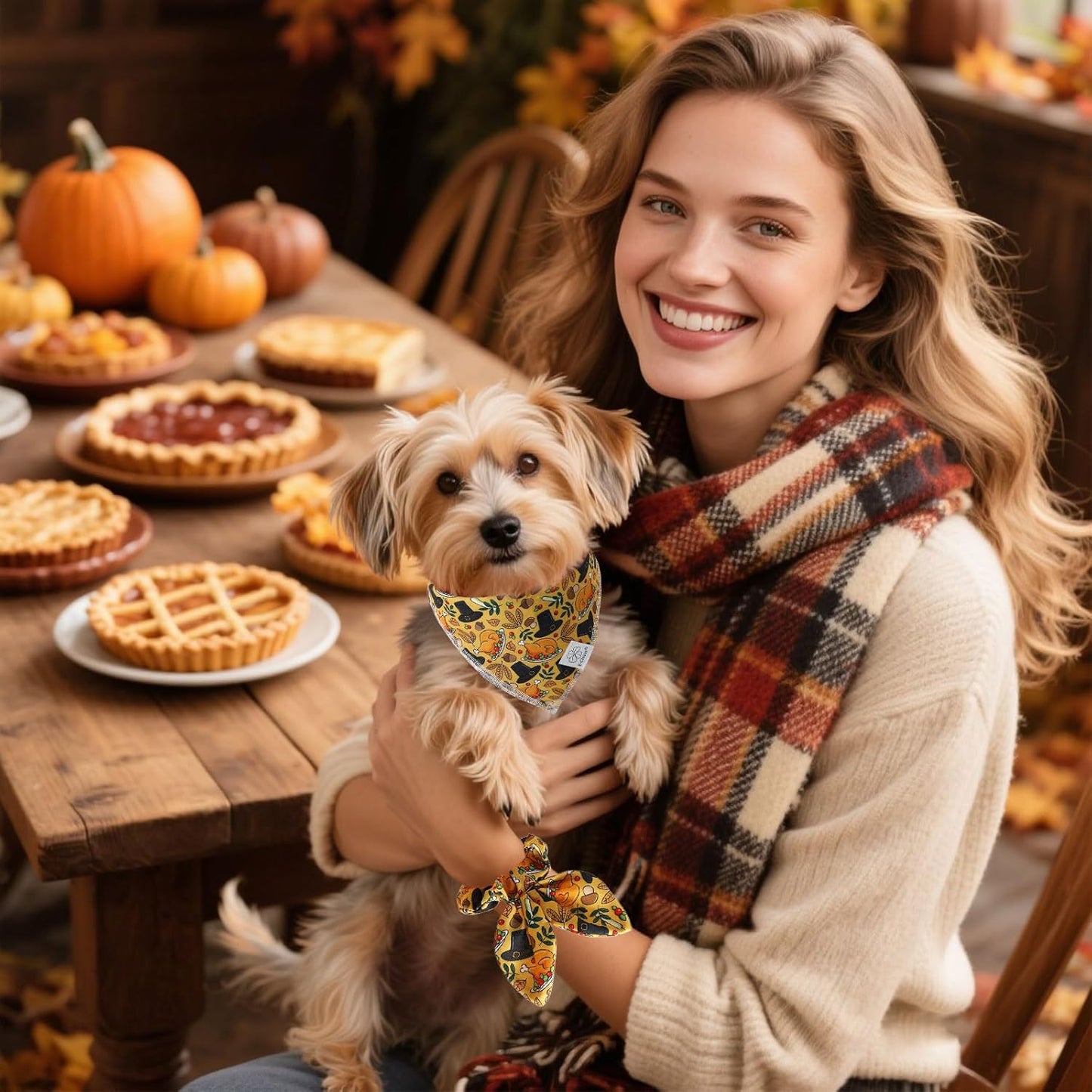E-Clover Thanksgiving Dog Bandanas & Matching Scrunchie Set Girl Fall Turkey Dog Scarf Bibs Pet Bandana with Bow Tie for Small Dogs Puppy Owner Mom Brown