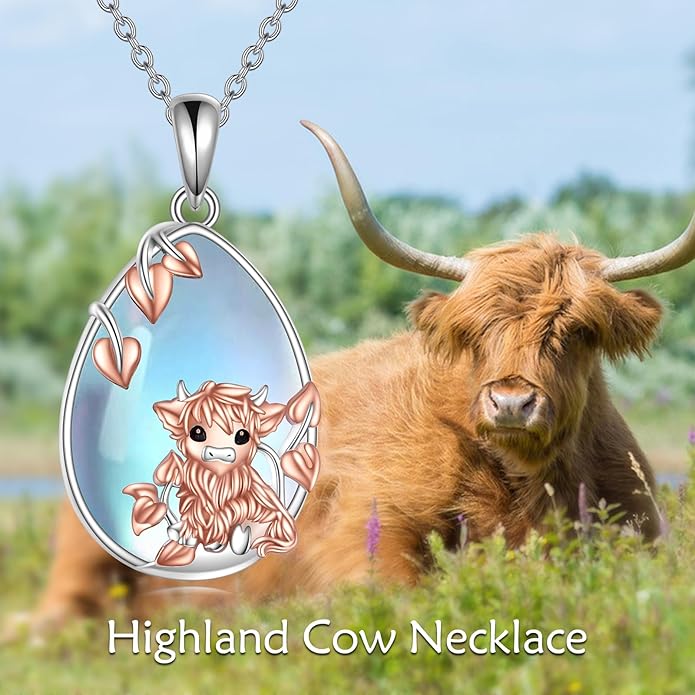 LUHE Moonstone Necklace 925 Sterling Silver Fox/Axolotl/Cat/Raccoon/Penguin/Frog/Panda/Highland Cow Pendant Necklace Animal Jewelry Gifts for Women