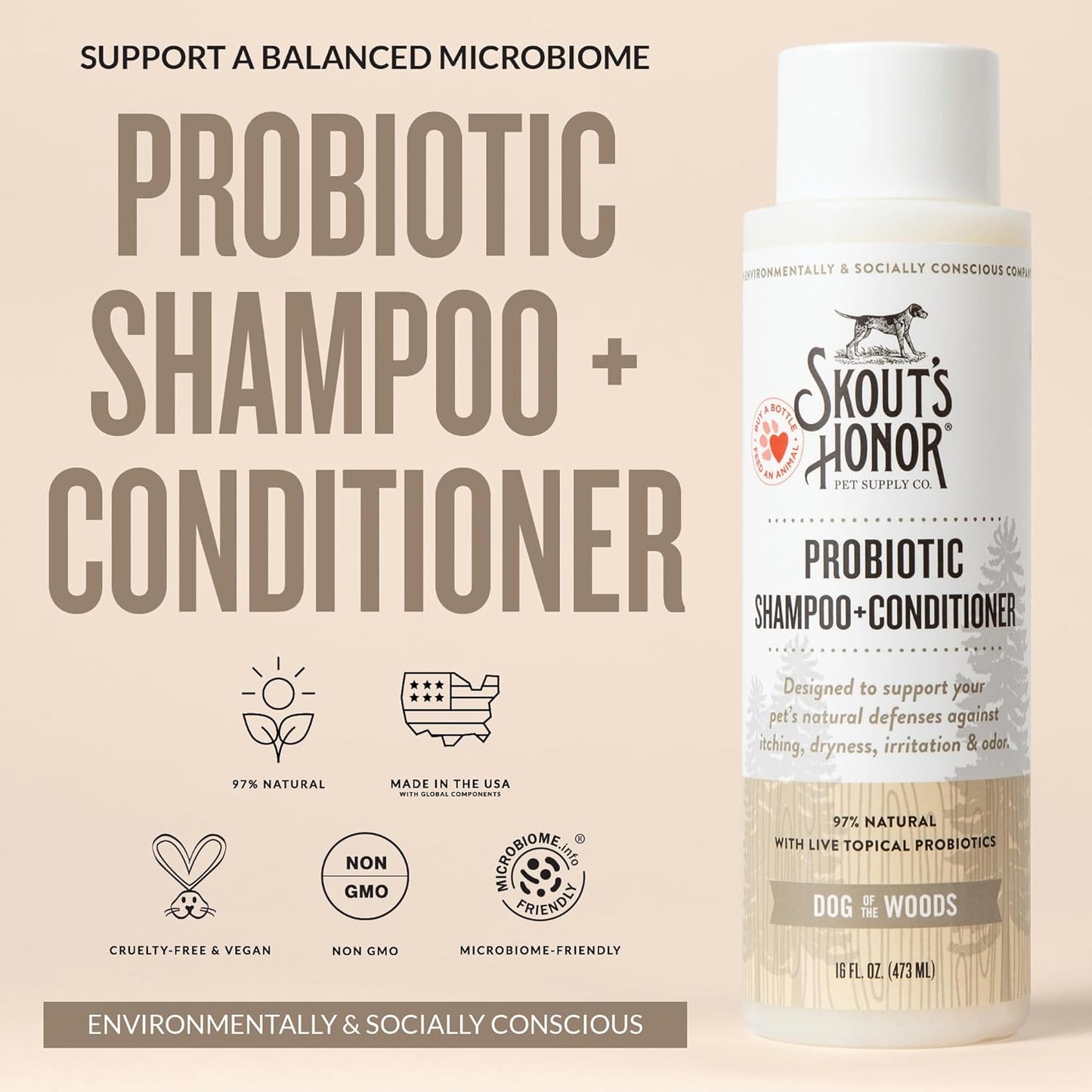 Skout's Honor Probiotic Pet Shampoo & Conditioner with Avocado Oil & Omega-3s, 97% Natural, Paraben & Sulfate-Free, Cruelty-Free, 16oz, Dog of The Woods