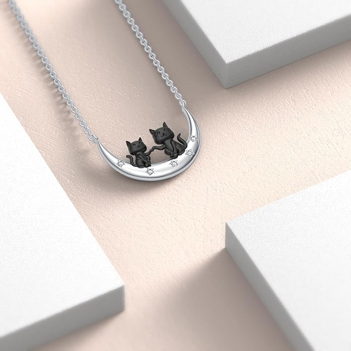 Diamond Black Cat Necklace for Women 925 Sterling Silver Cat on Moon Necklace Pendant Black Cat Jewelry Gifts for Women Mom Wife Girlfriend Daughter Girls