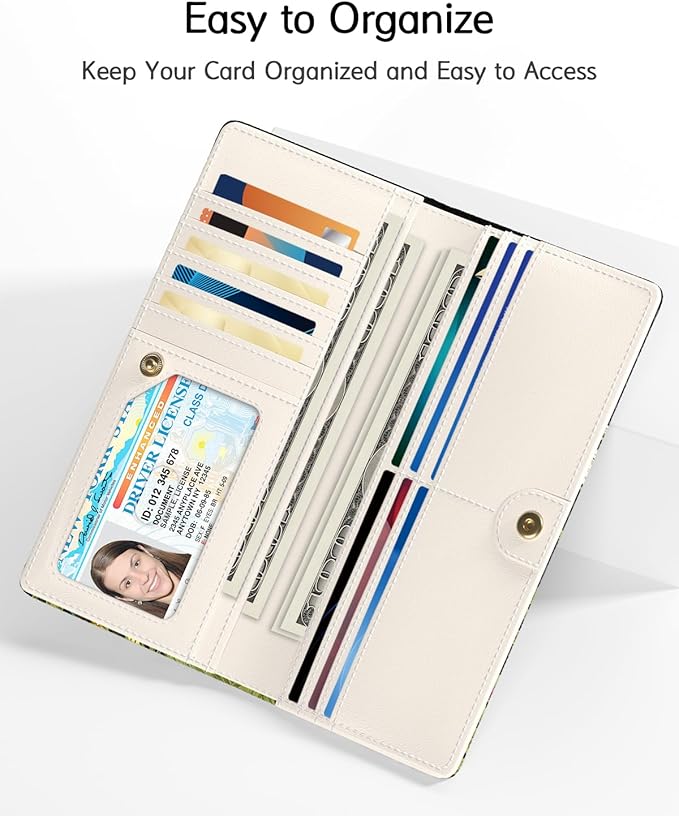 Nipichsha Womens Wallet, RFID Slim Wallets for Women, Thin Ladies Credit Card Holder Purse, Cute Leather Bifold Clutch Billfold with 11 Card Slots & ID Window, Dandelion